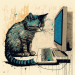 AI-generated picture of a cat staring at a computer, in a woodcut / watercolor style.