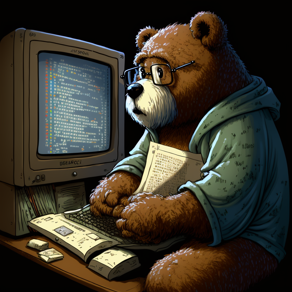 Cartoon bear at the computer (generated by Midjourney v4)