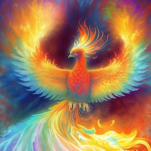 Rainbow phoenix rising from the ashes.