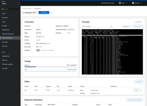 Image of the Cockpit web console in action, displaying a running virtual machine