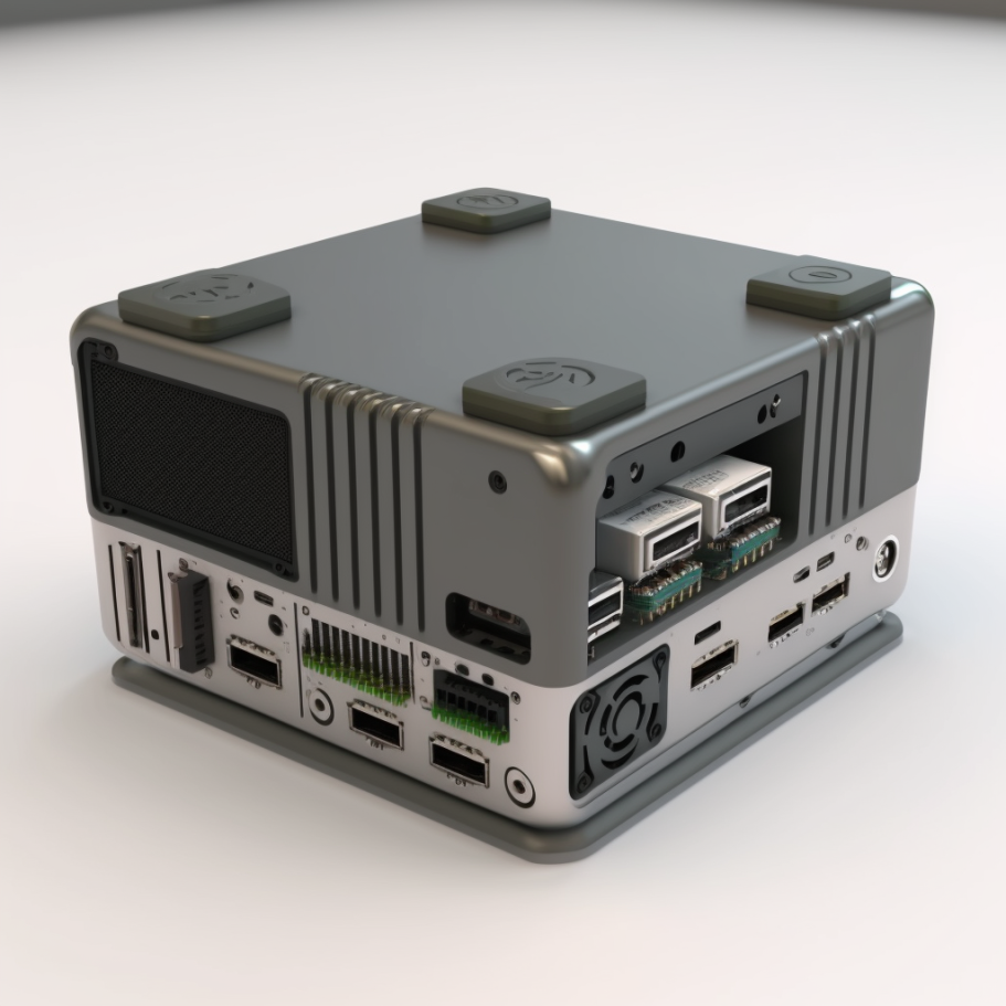 AI-generated replica of a "mini PC" but weird. Has odd ports and circuitry at all angles.