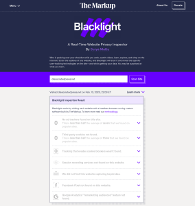 Screenshot of The Markup’s “Blacklight” tool. Shows results for this website with 0 trackers.